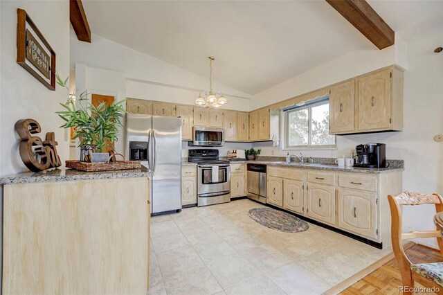 kitchen with an inviting chandelier, light stone countertops, stainless steel appliances, sink, and vaulted ceiling with beams