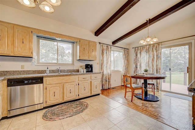 kitchen featuring sink, a healthy amount of sunlight, an inviting chandelier, and stainless steel dishwasher