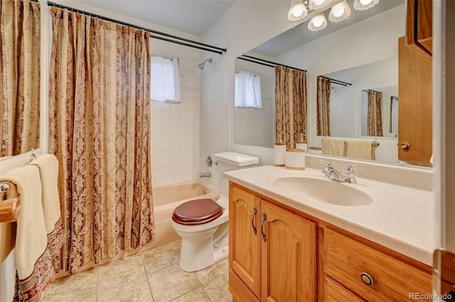 full bathroom with tile patterned flooring, vanity, toilet, and shower / tub combo