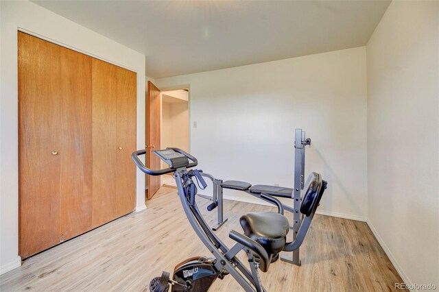 exercise room with light hardwood / wood-style flooring