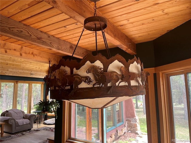 room details featuring wood ceiling and beam ceiling