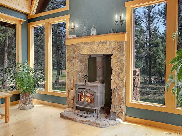 interior details with a wood stove, baseboards, and wood finished floors