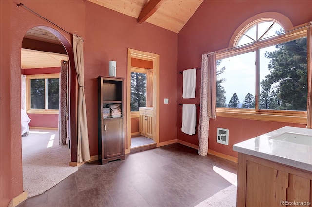 interior space with lofted ceiling with beams, wooden ceiling, and a wealth of natural light