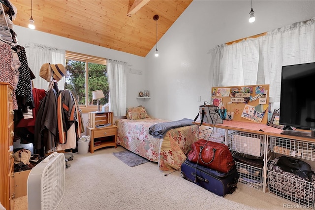 carpeted bedroom with high vaulted ceiling and wood ceiling