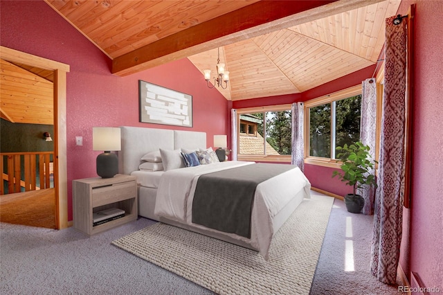 26526 Gray Buck Trl, Conifer, CO 80433 - carpeted bedroom with wooden ceiling, a chandelier, and a textured wall