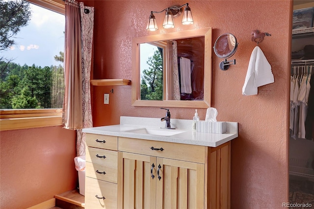 26526 Gray Buck Trl, Conifer, CO 80433 - bathroom featuring vanity, plenty of natural light, and a textured wall