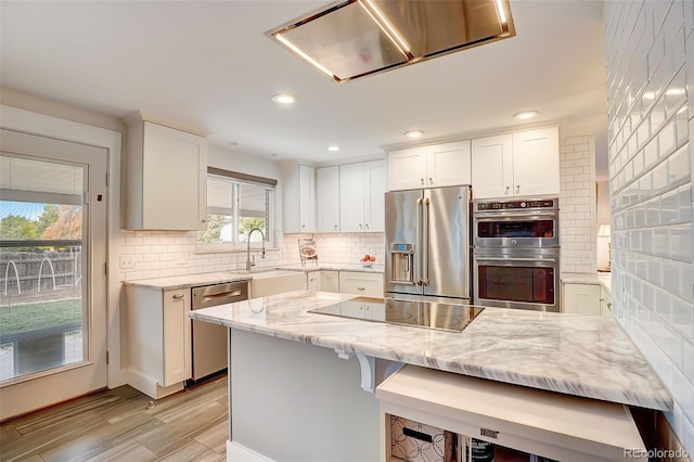 kitchen featuring a sink, light stone counters, backsplash, ventilation hood, and appliances with stainless steel finishes