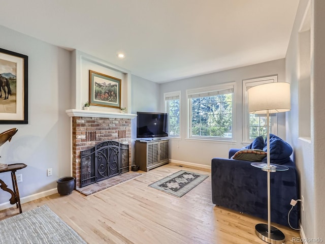 living room with hardwood / wood-style flooring and a fireplace