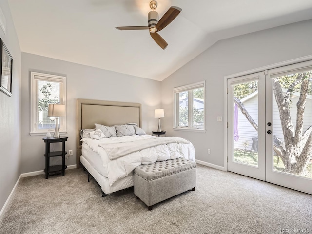 bedroom with light carpet, access to outside, vaulted ceiling, and ceiling fan