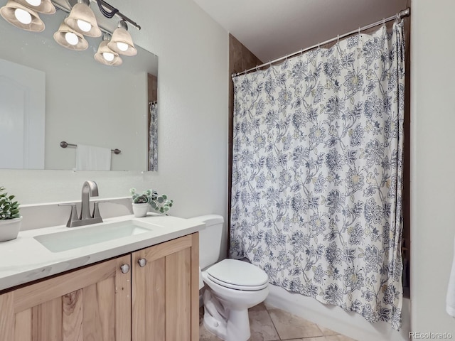 full bathroom featuring shower / tub combo, toilet, tile patterned floors, vanity, and a notable chandelier