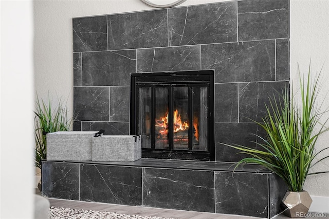 room details with a tile fireplace