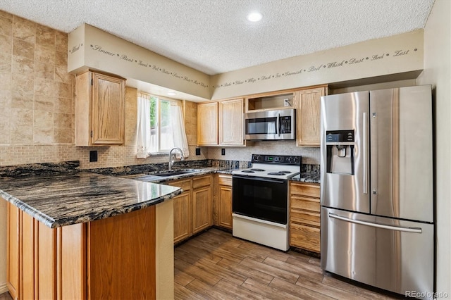 3616 W Radcliff Ave, Denver, CO 80236 - kitchen with appliances with stainless steel finishes, a sink, a textured ceiling, a peninsula, and tasteful backsplash