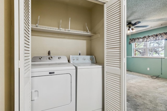 3616 W Radcliff Ave, Denver, CO 80236 - laundry area featuring washer and dryer, carpet, a ceiling fan, and a textured ceiling