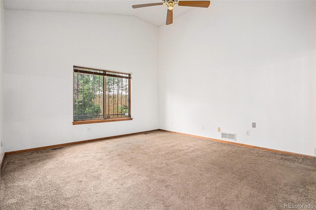 11196 E Baltic Dr, Aurora, CO 80014 - carpeted empty room featuring a ceiling fan and high vaulted ceiling