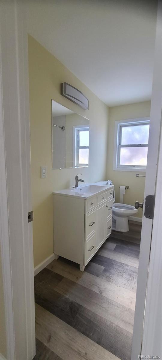 bathroom featuring hardwood / wood-style floors, vanity, and toilet