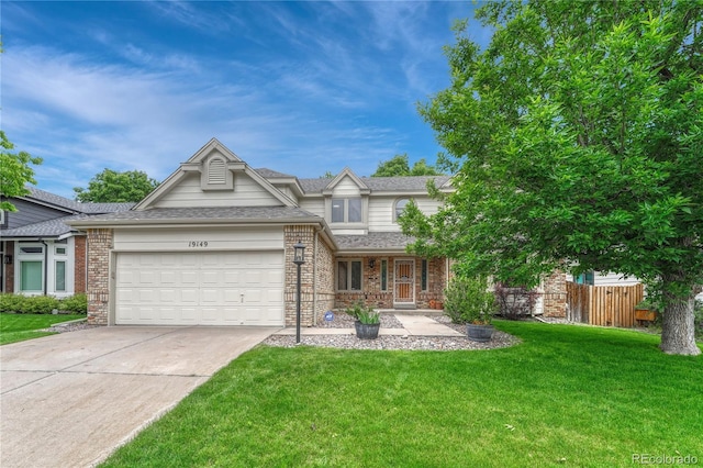 19149 E Ida Dr, Aurora, CO 80015 - view of front facade featuring a garage, concrete driveway, brick siding, and roof with shingles