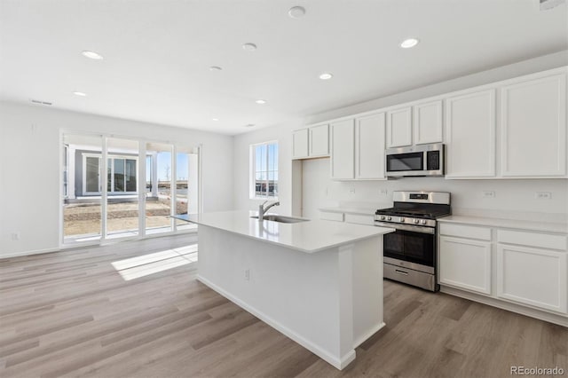 kitchen featuring sink, stainless steel appliances, an island with sink, and white cabinets