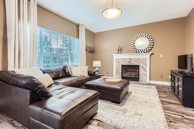 9867 Mulberry Way, Highlands Ranch, CO 80129 - living room featuring wood finished floors and a high end fireplace