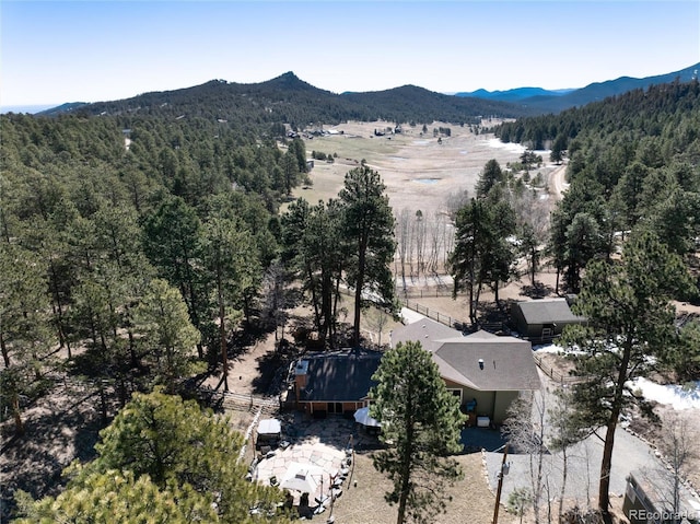 birds eye view of property featuring a view of trees and a mountain view