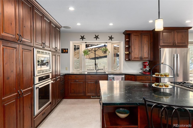 kitchen featuring open shelves, stainless steel appliances, a sink, and recessed lighting