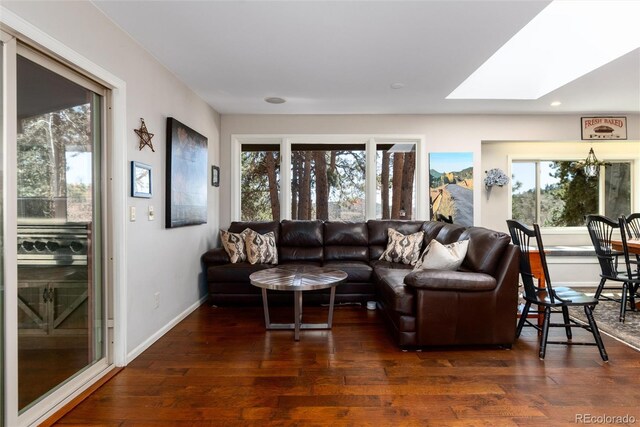 living area featuring a skylight, baseboards, wood finished floors, and a healthy amount of sunlight