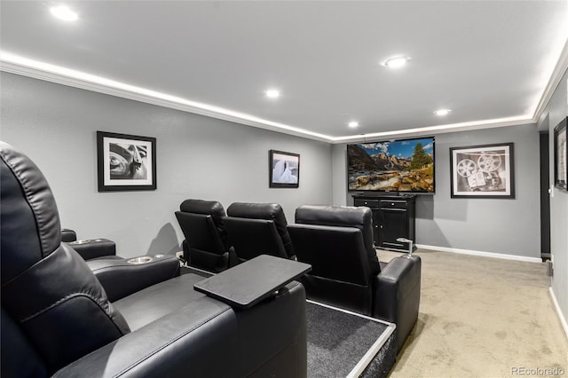carpeted cinema room featuring recessed lighting, baseboards, and ornamental molding