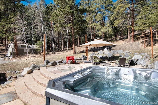 view of pool with a hot tub
