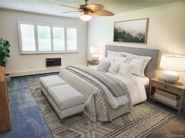 715 S Alton Way Unit 10A, Denver, CO 80247 - bedroom featuring carpet flooring, a wall mounted air conditioner, a baseboard heating unit, crown molding, and a textured ceiling