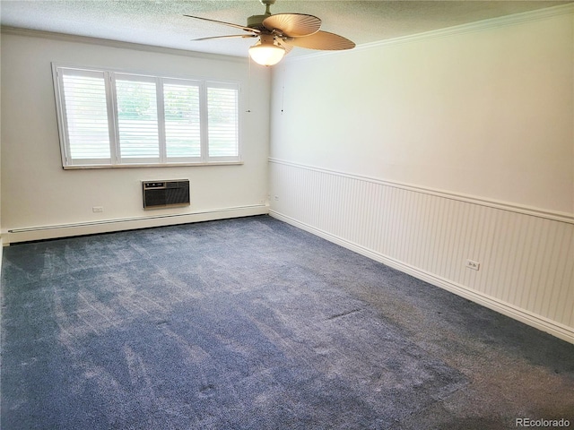 715 S Alton Way Unit 10A, Denver, CO 80247 - carpeted spare room with a baseboard radiator, a ceiling fan, ornamental molding, a textured ceiling, and a wall unit AC