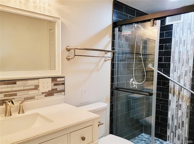 715 S Alton Way Unit 10A, Denver, CO 80247 - full bathroom featuring toilet, a shower stall, vanity, and backsplash