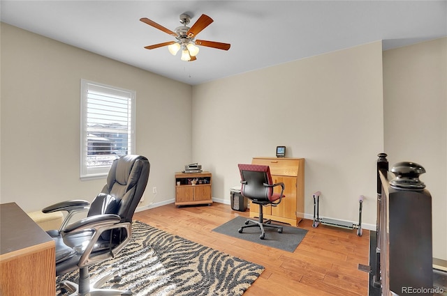 office area with ceiling fan and light hardwood / wood-style floors