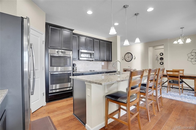 kitchen with stainless steel appliances, a breakfast bar, a kitchen island with sink, and hanging light fixtures