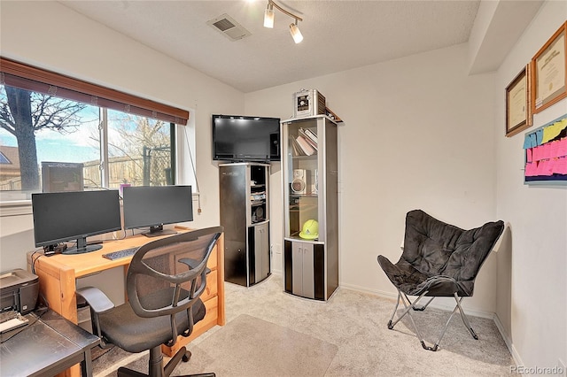 home office featuring light colored carpet and a textured ceiling