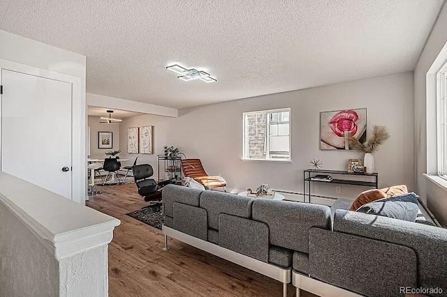 living room featuring a textured ceiling and hardwood / wood-style flooring