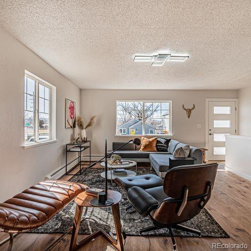 living room featuring plenty of natural light, a textured ceiling, and light wood-type flooring