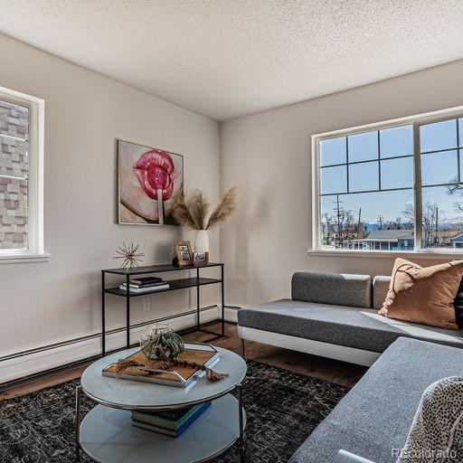 living room featuring dark hardwood / wood-style flooring, a wealth of natural light, a baseboard radiator, and a textured ceiling