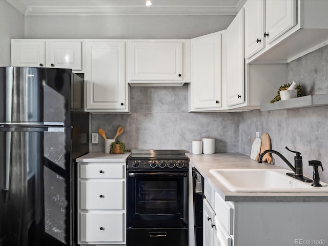 kitchen featuring black appliances, white cabinets, sink, and ornamental molding