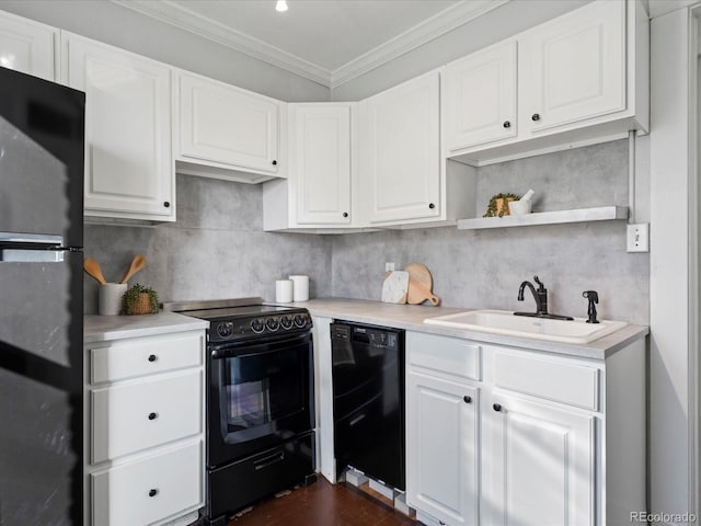 kitchen with tasteful backsplash, black appliances, sink, ornamental molding, and white cabinets