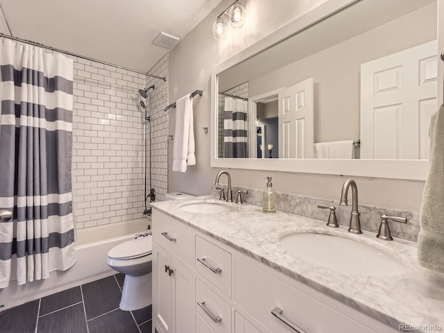 17404 E Prentice Cir, Centennial, CO 80015 - bathroom with shower / tub combo, double vanity, and tile patterned flooring