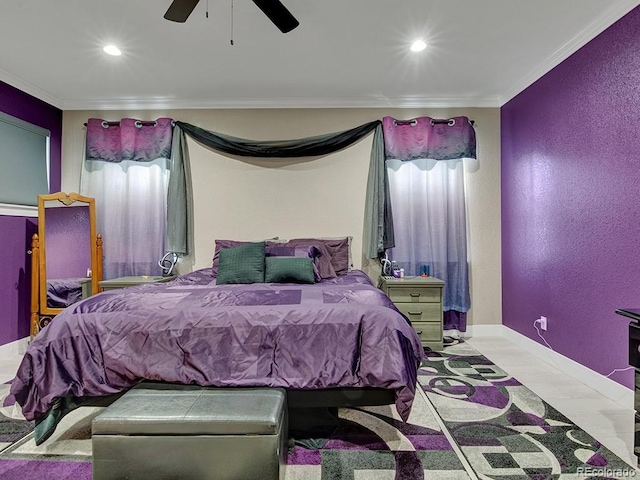 bedroom featuring crown molding and ceiling fan