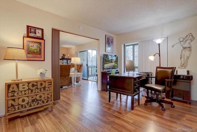 home office featuring a textured ceiling and hardwood / wood-style floors