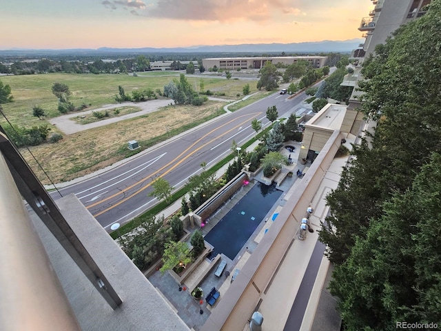 aerial view at dusk with a mountain view