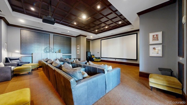 cinema with carpet flooring, recessed lighting, coffered ceiling, and ornamental molding