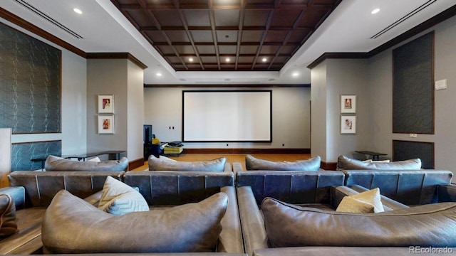 cinema room with crown molding, recessed lighting, and coffered ceiling