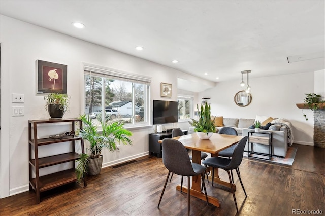 dining area with recessed lighting, visible vents, baseboards, and dark wood-type flooring