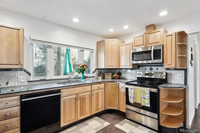 kitchen featuring tasteful backsplash, appliances with stainless steel finishes, open shelves, and a sink