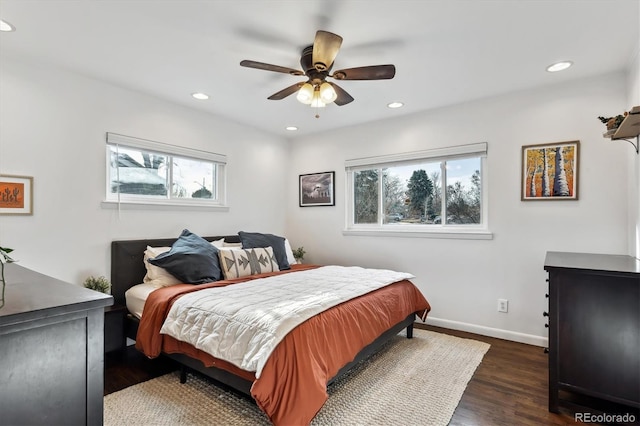 bedroom featuring recessed lighting, baseboards, wood finished floors, and a ceiling fan