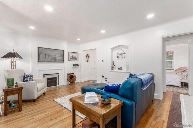 1160 S Monroe St, Denver, CO 80210 - living area with light wood-type flooring, recessed lighting, and a fireplace