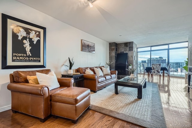 living room featuring a view of city, a wall of windows, and wood finished floors