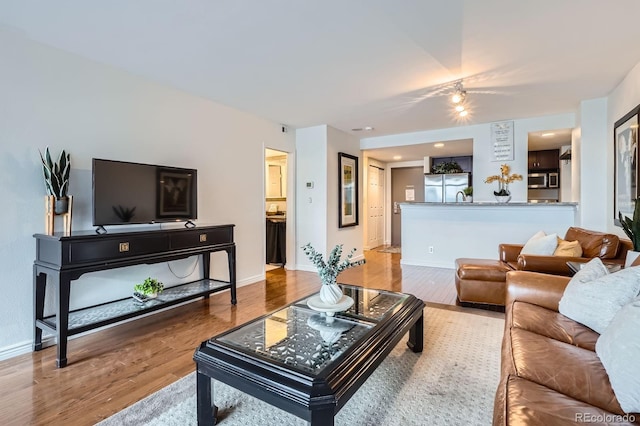 living room with baseboards and wood finished floors